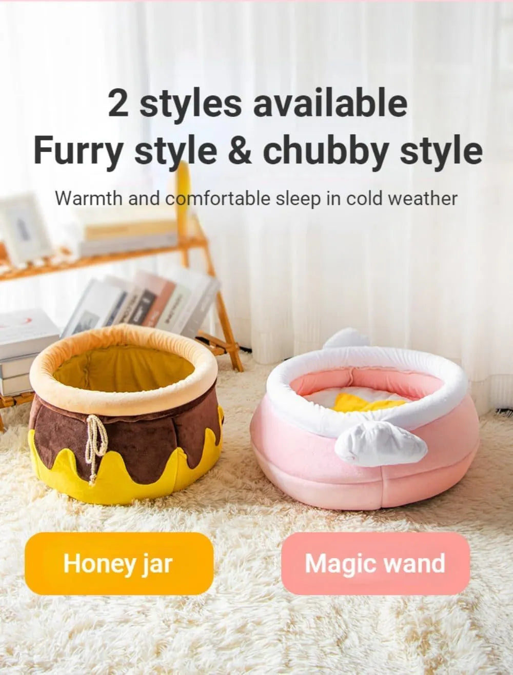 Pink honey pot shaped cat sofa bed with decorative wands and removable cushion