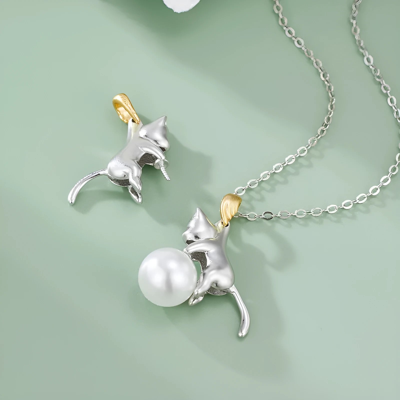 925 sterling silver cat pendant clavicle chain necklace with optional pearl beads