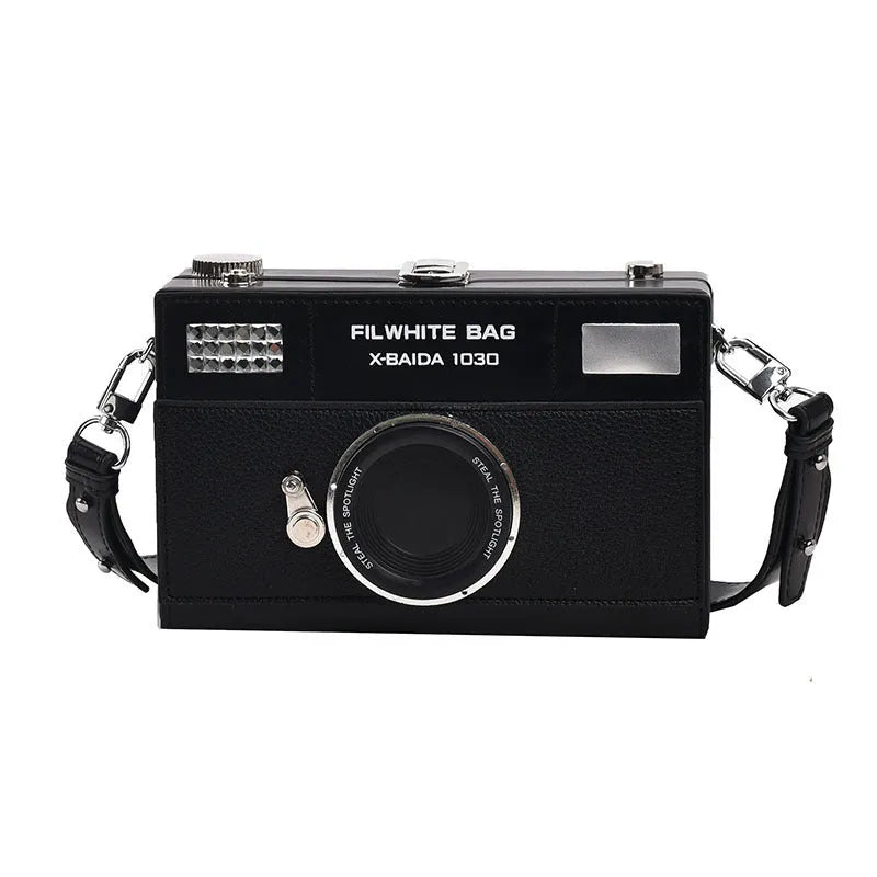 Mini PU crossbody camera bag in black with chain strap, horizontal square shape