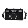 Mini PU crossbody camera bag in black with chain strap, horizontal square shape
