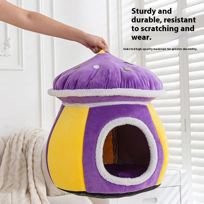 Grey mushroom-shaped plush cat nest with a detachable thermal interior for winter.