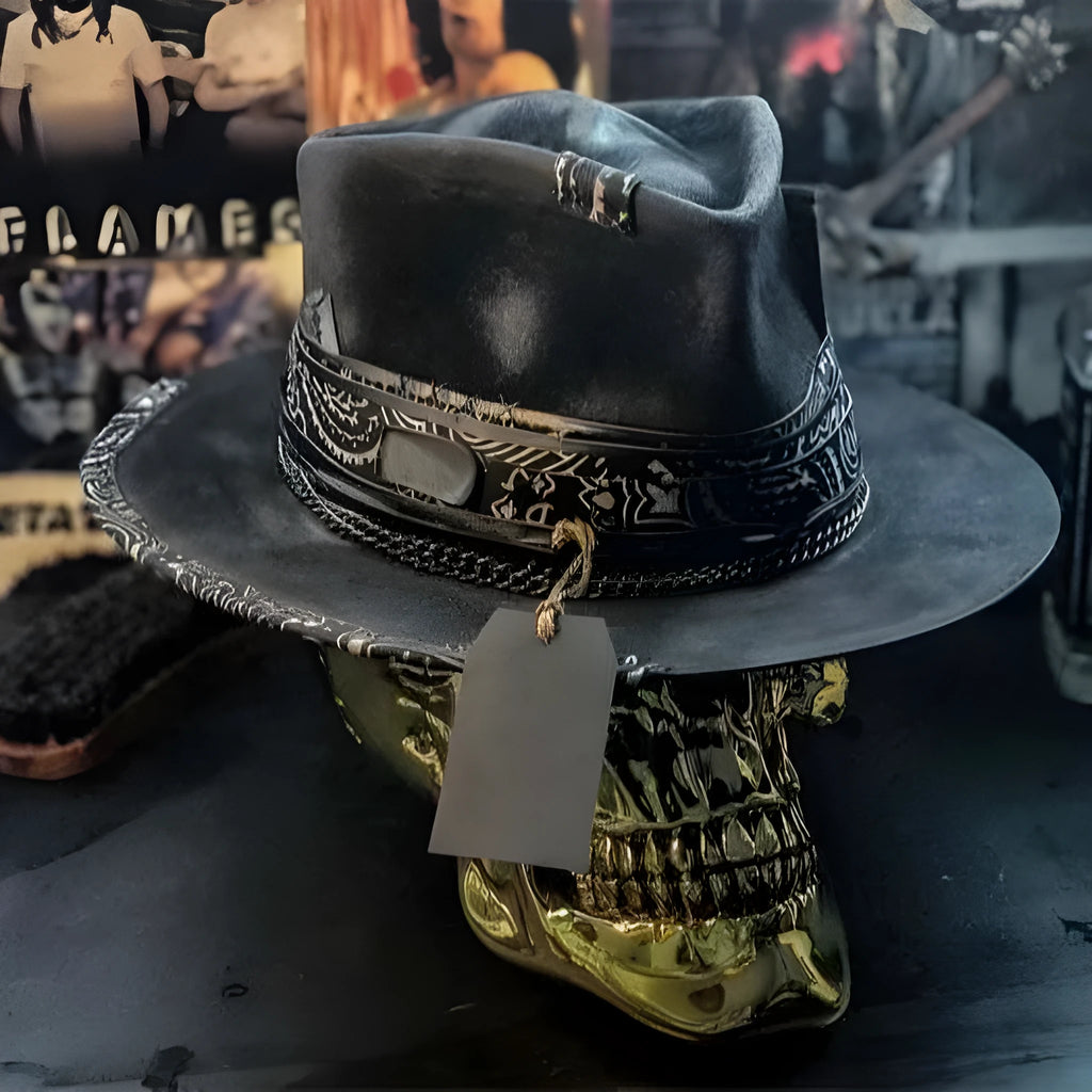 Handmade wool felt and denim conical crown skull hat for Halloween costumes.