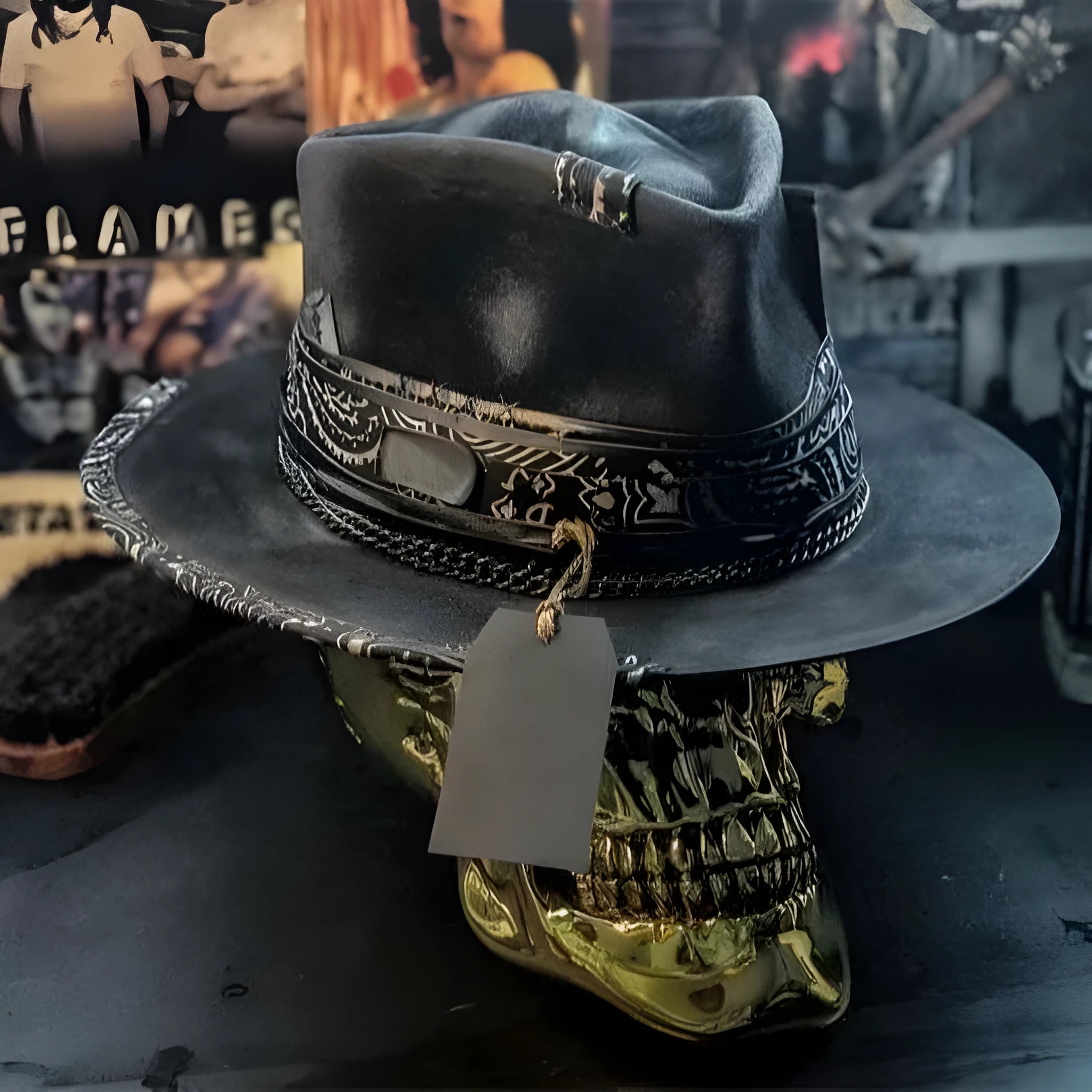 Handmade wool felt and denim conical crown skull hat for Halloween costumes.