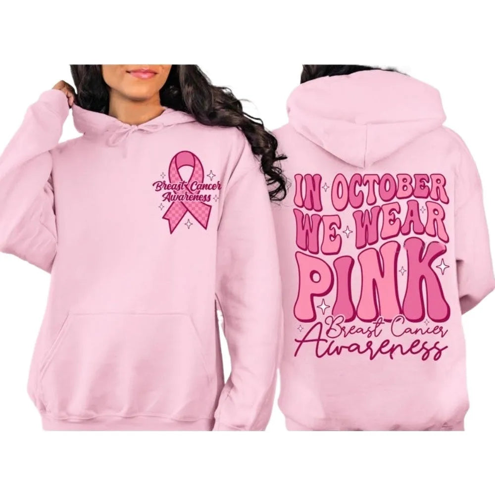 Pink Breast Cancer Awareness pullover hoodie with art retro design and a side seam pocket.