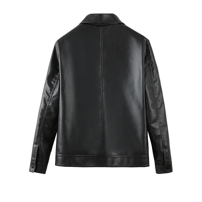 Men's black PU leather casual jacket with zipper pockets, loose fit design