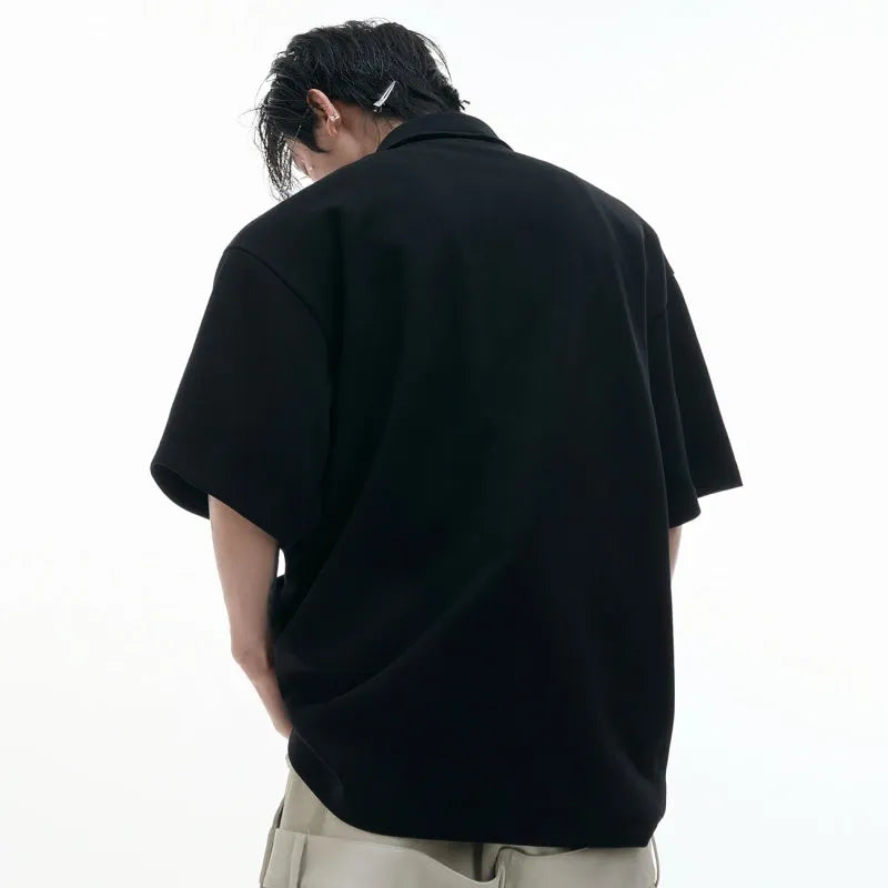 Men's loose fit deconstructed multi-collar polo shirt in polyester with Giant Land Turtle graphic.