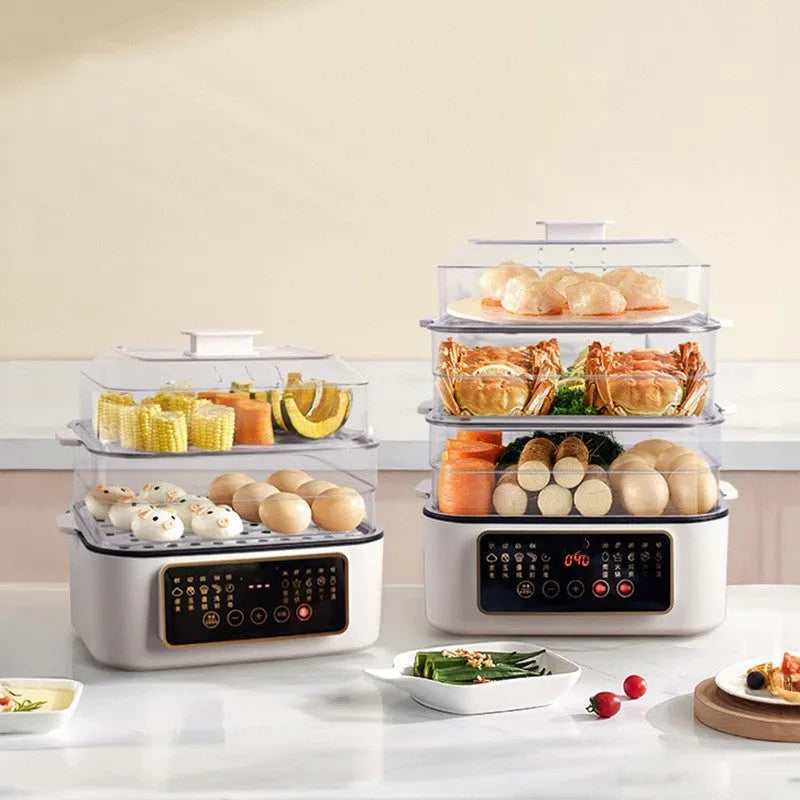 28-litre capacity electric steamer with stainless steel rack and automatic water measurement function