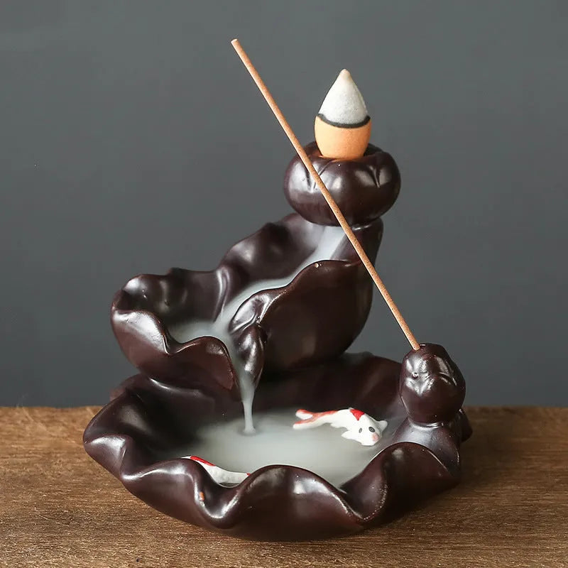 Ceramic backflow incense burner with tree ornament design in green, mangrove, pink or white colour options