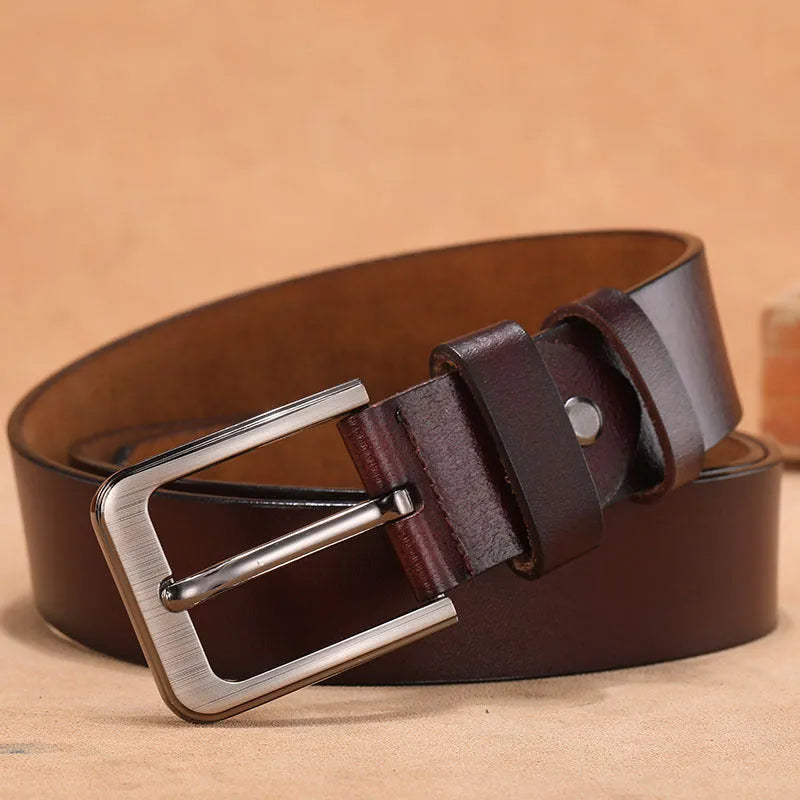 Square head pin buckle casual belt with alloy fastener in black or brown colour options