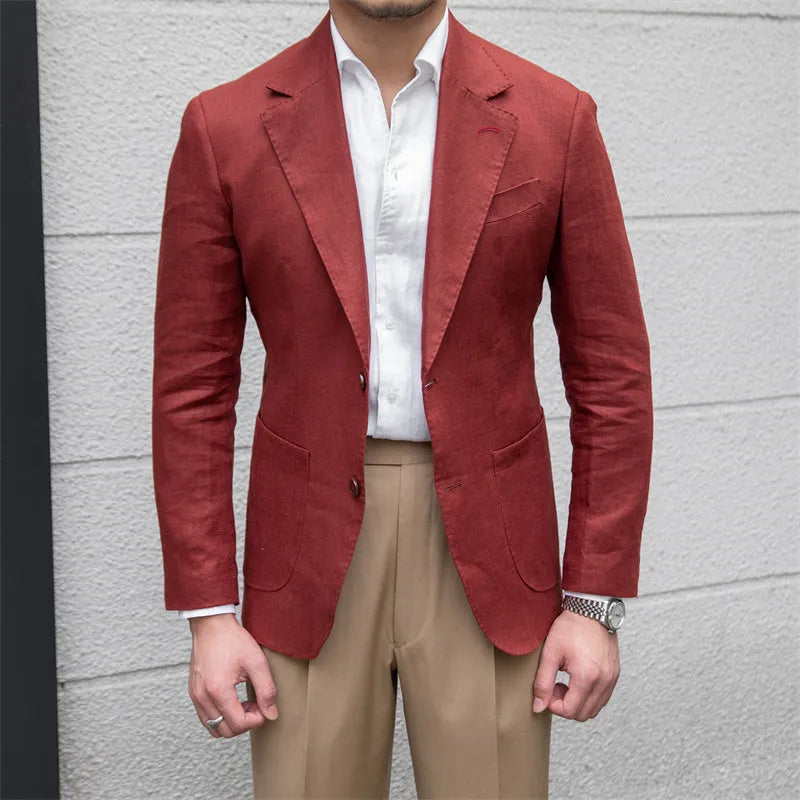 Men's pure linen slim fit suit jacket double-breasted two buttons white wine red long sleeve formal wear