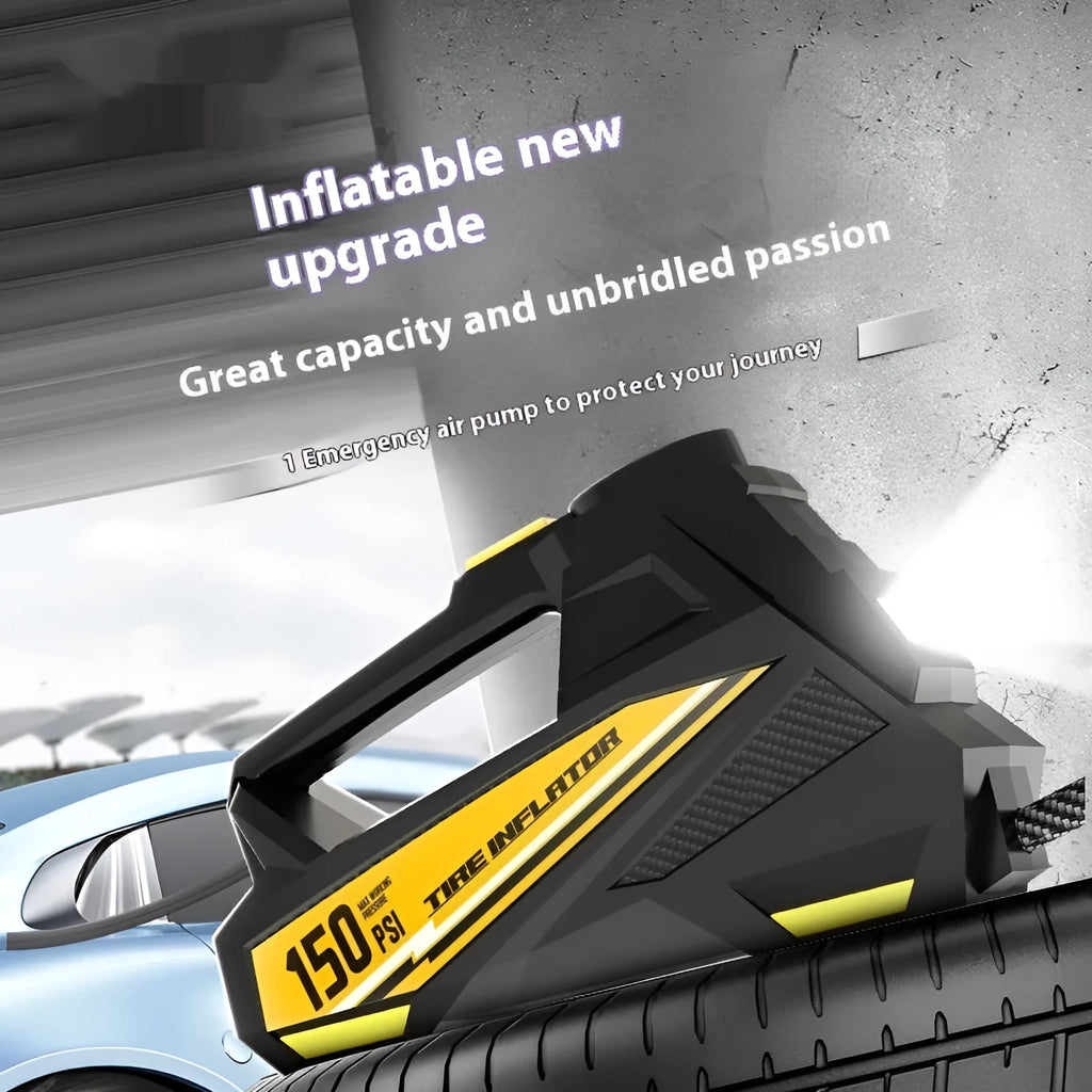 Black portable digital car tyre inflator with LED light and 12V power cable.