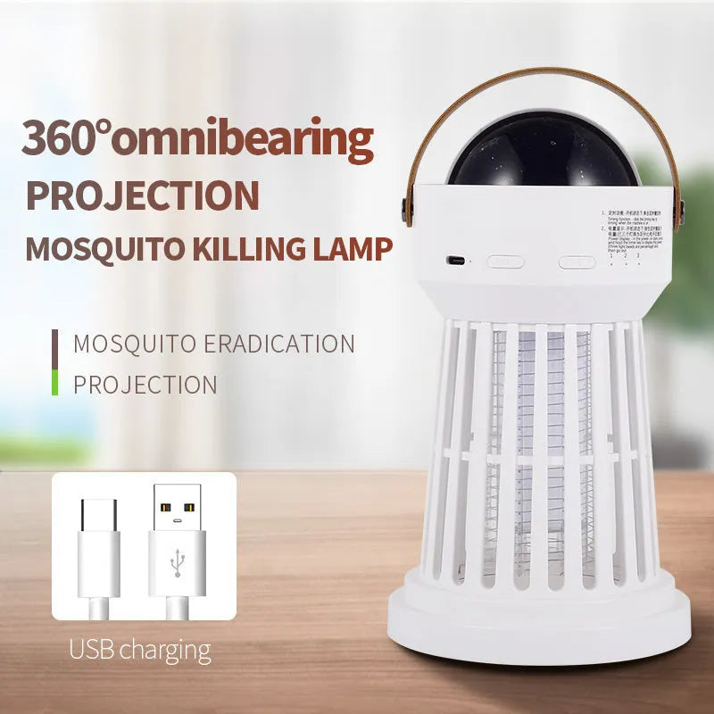 White electric mosquito killer lamp with star projection feature and foldable handle for indoor and outdoor use