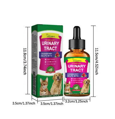 60ml bottle of natural pet care drops with dropper, containing cranberry and echinacea extract.