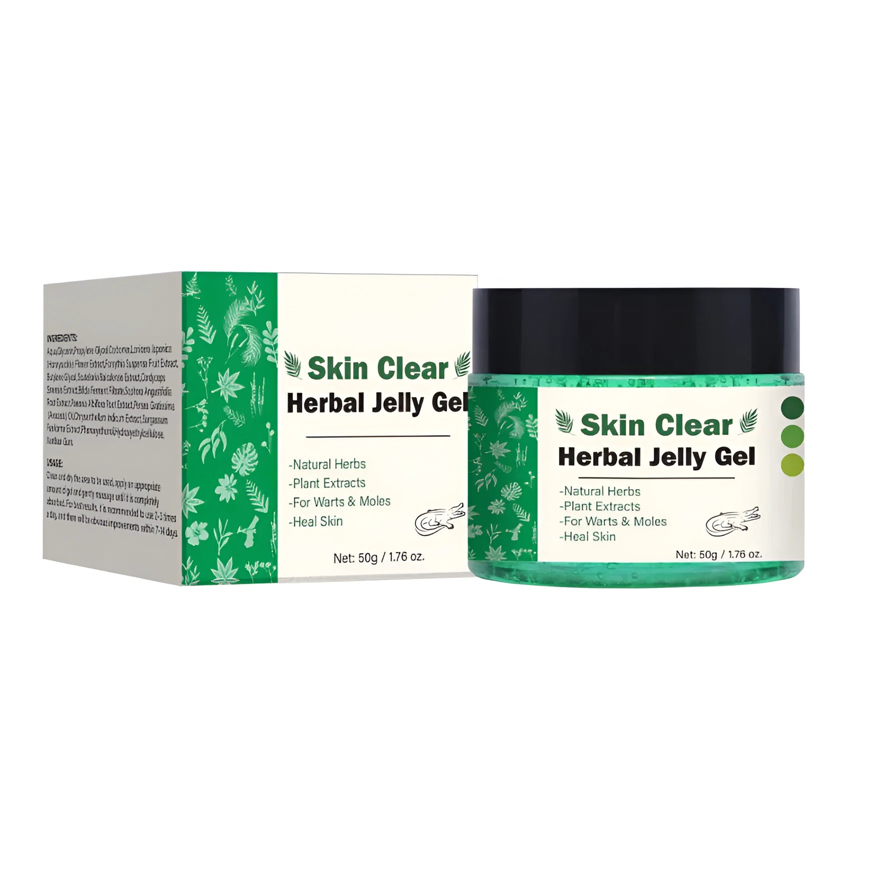 Clear herbal gel in 50g container for body care topical application