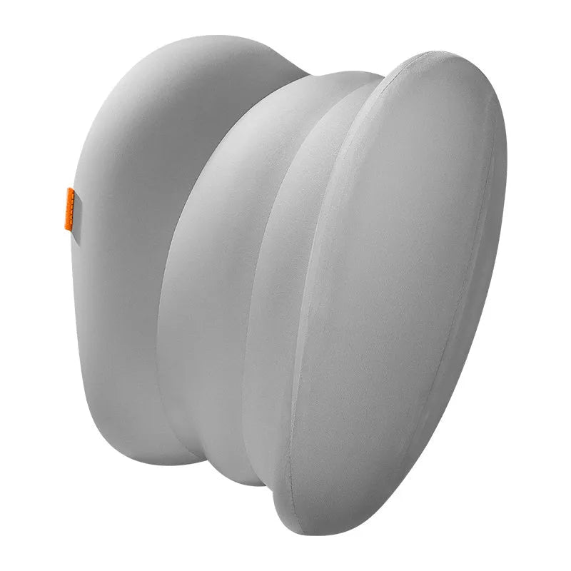 Grey and orange head restraint and lumbar pillow set for vehicle seats.