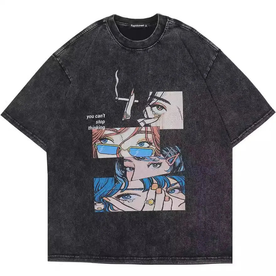 Men's washed black pure cotton t-shirt with cartoon print and short sleeves