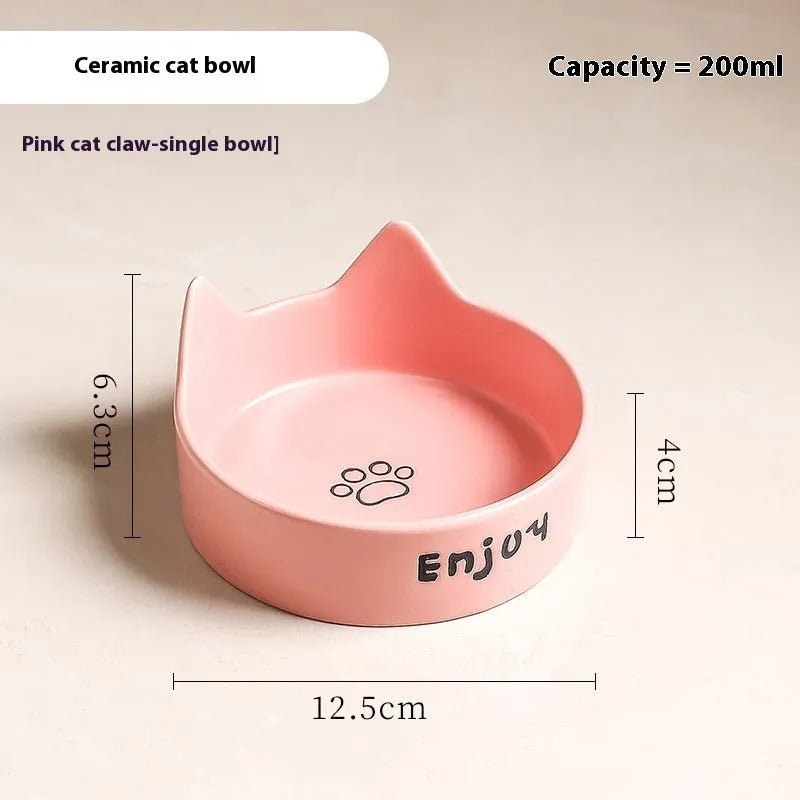 Porcelain cat bowls with wooden frame in cat ear paw design