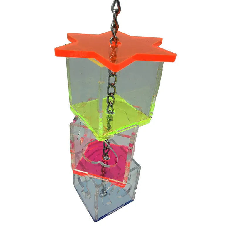 Clear acrylic bird foraging toy, tall rectangular shape for holding nuts and fruit.
