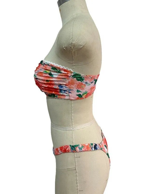 Floral print polyester bikini set with tube top and lace briefs in multiple colour options