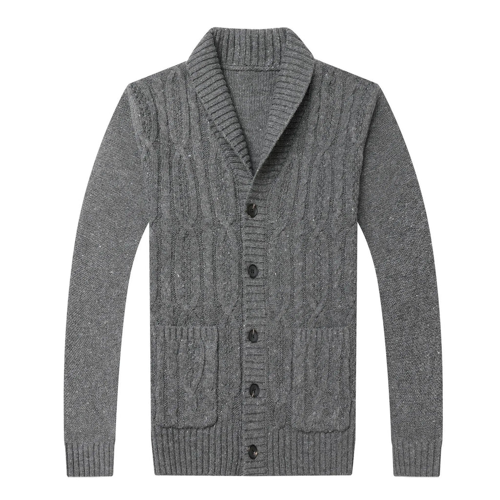 Men's Korean style jacquard knitted cardigan in black, straight cut, thickened fabric for autumn winter wear