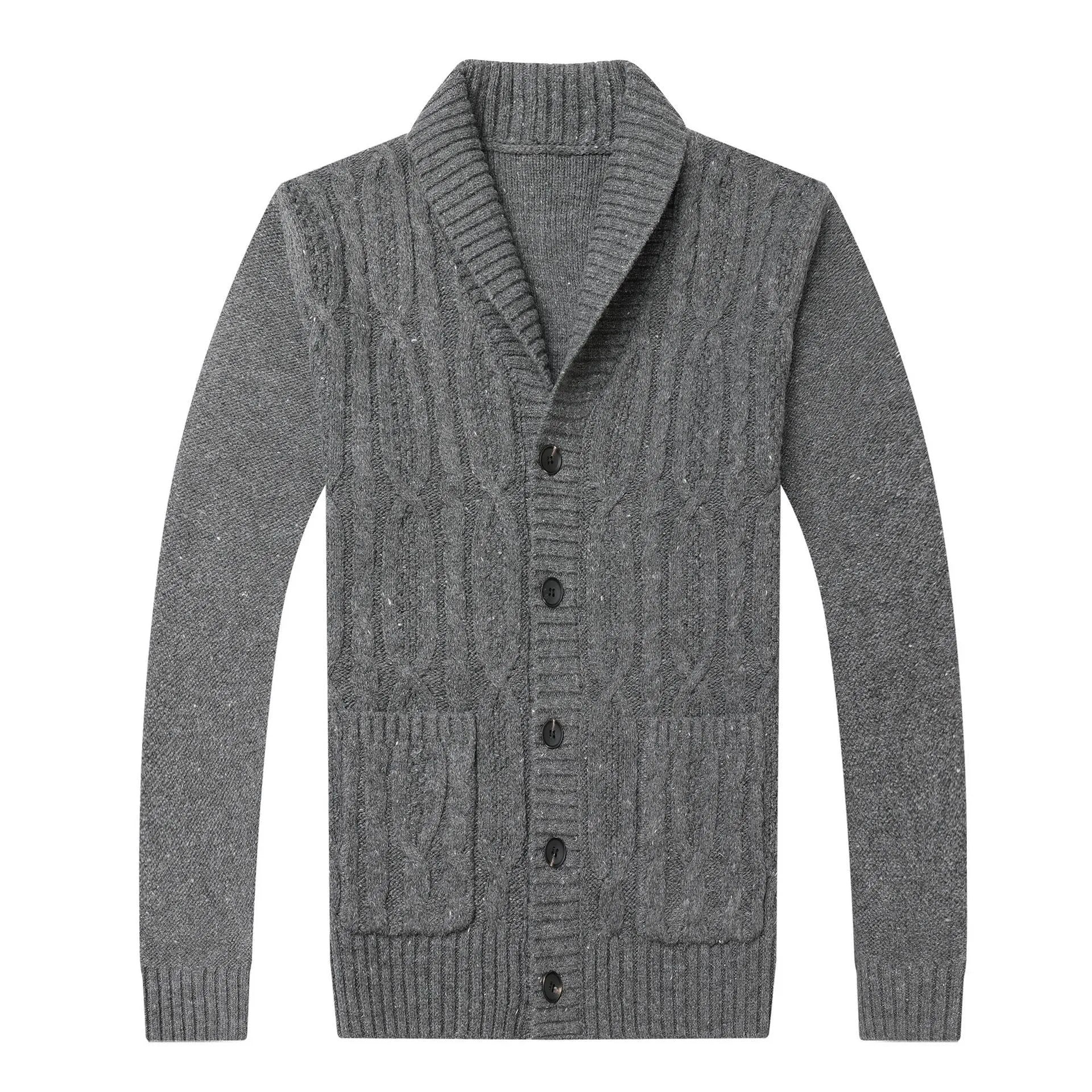 Men's Korean style jacquard knitted cardigan in black, straight cut, thickened fabric for autumn winter wear