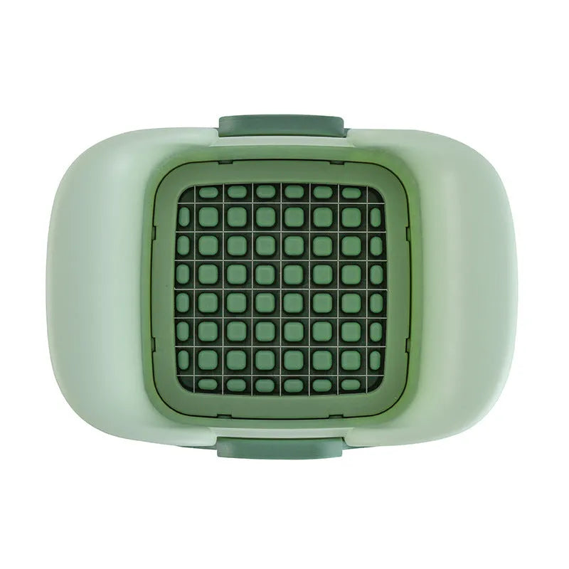 Green multi-functional vegetable chopper with stainless steel blades for French fries and onion dicing