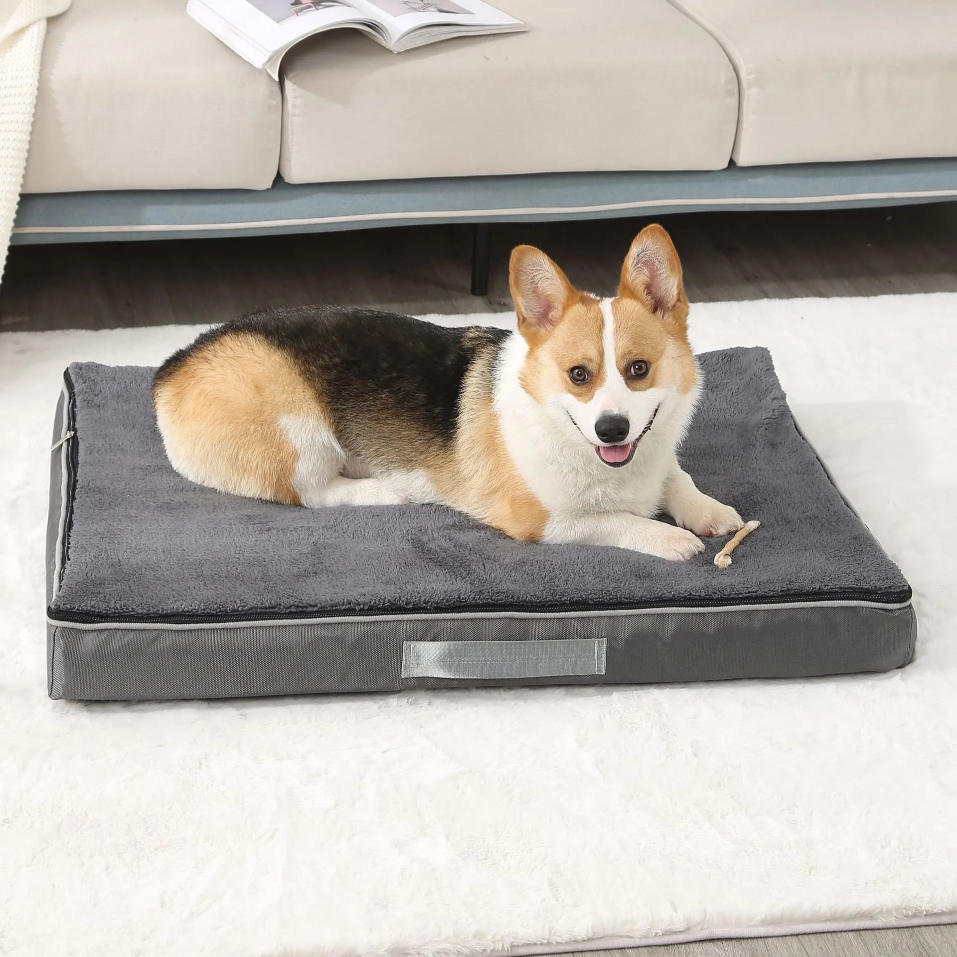 Brown removable cover sponge dog mat lying on a wooden floor