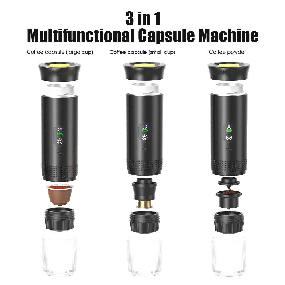 Black portable electric capsule coffee machine with LCD display for use in cars and outdoor travel