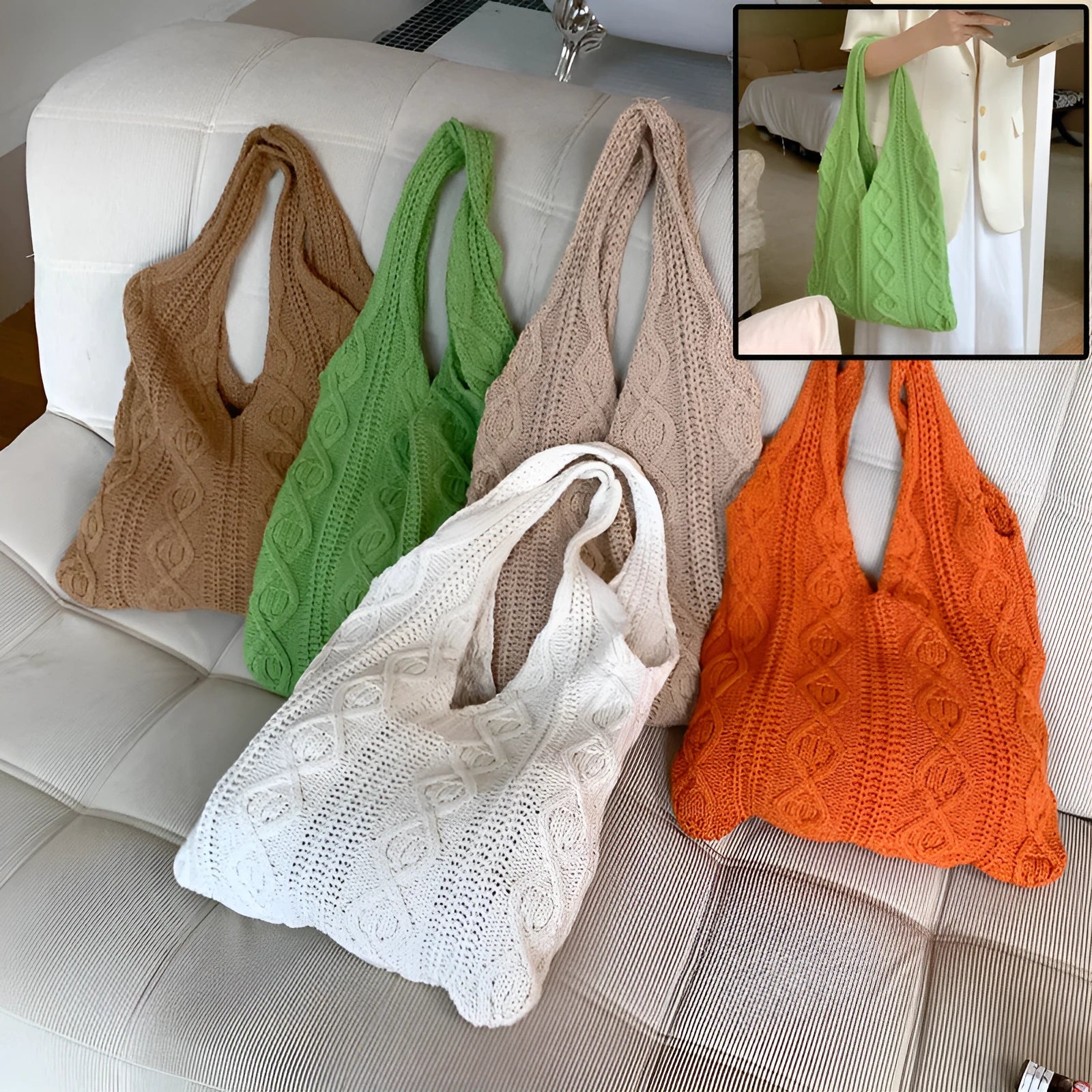 Retro hollow knitted woolen women's shoulder tote bag in a solid colour, showing double straps and large capacity.