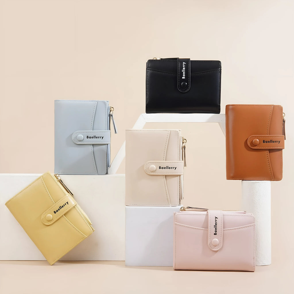 Women's short wallet in PU leather showing anti-theft features and available colour options