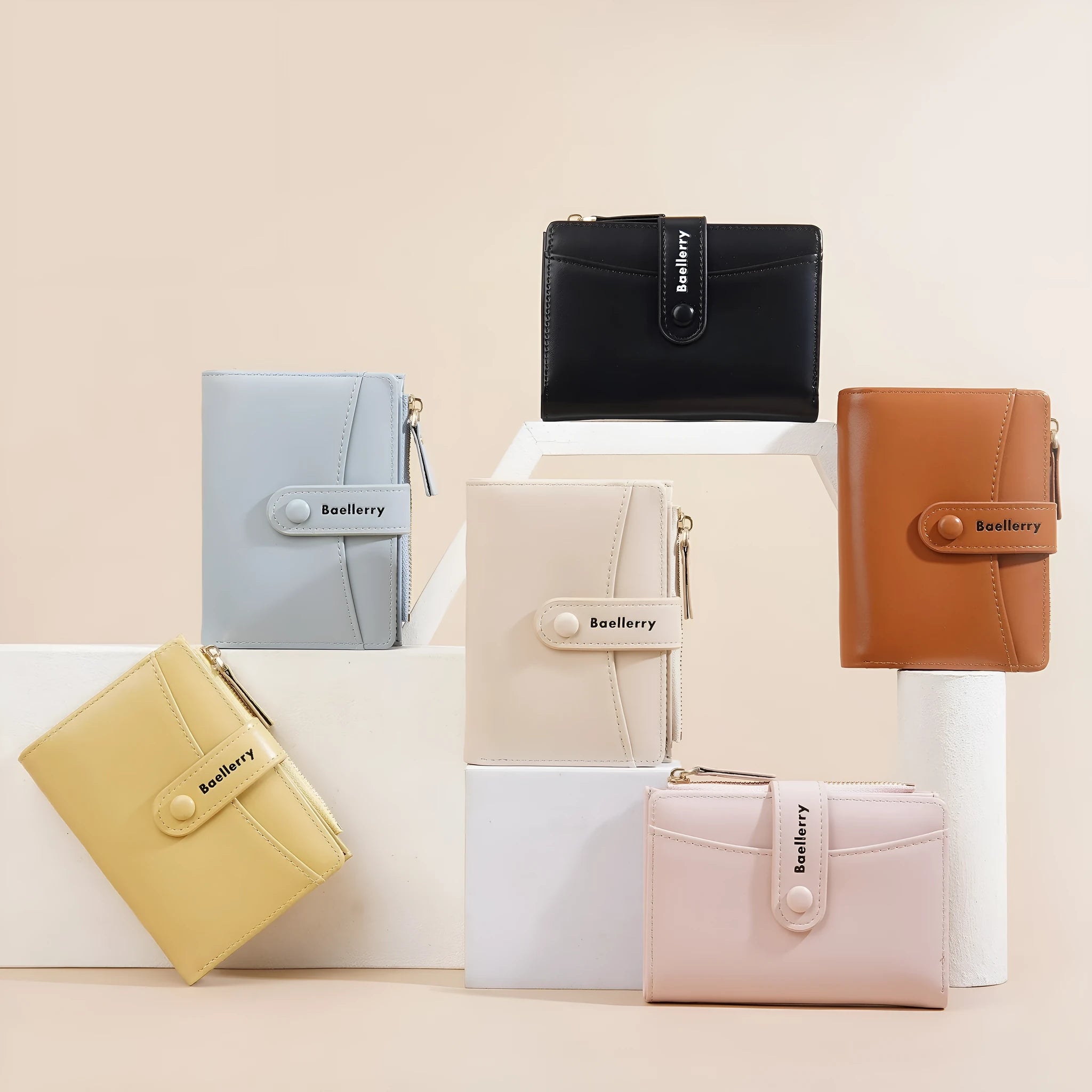 Women's short wallet in PU leather showing anti-theft features and available colour options