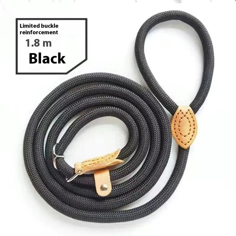 Nylon dog training rope in black, 1.5m length, 1.0cm thickness, on plain background