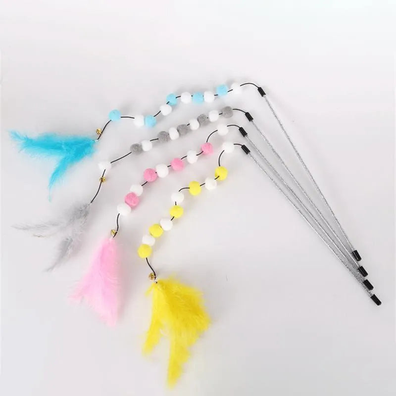 31cm long cat teaser stick wand with bell and colourful feather pompon attachments