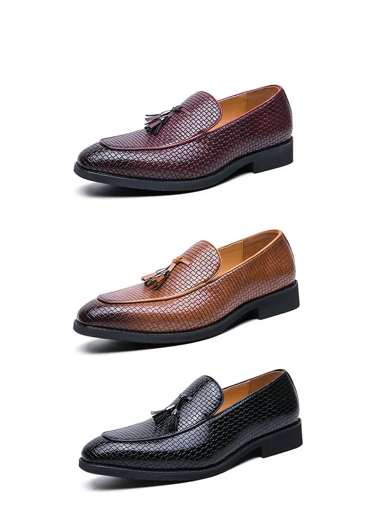 Men's pointed slip-on shoes with tassel decoration in black, red, or yellow colours