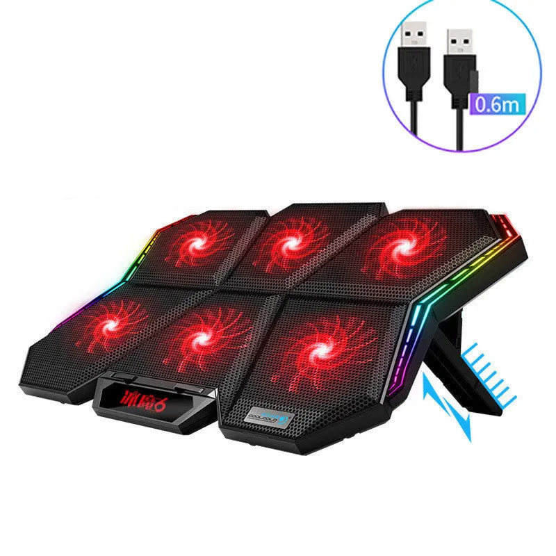 Ice Magic 6 black and red notebook cooling pad with six fans and USB cable.