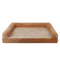 Square blue cloth dog bed with breathable sponge centre, shown in a home setting.