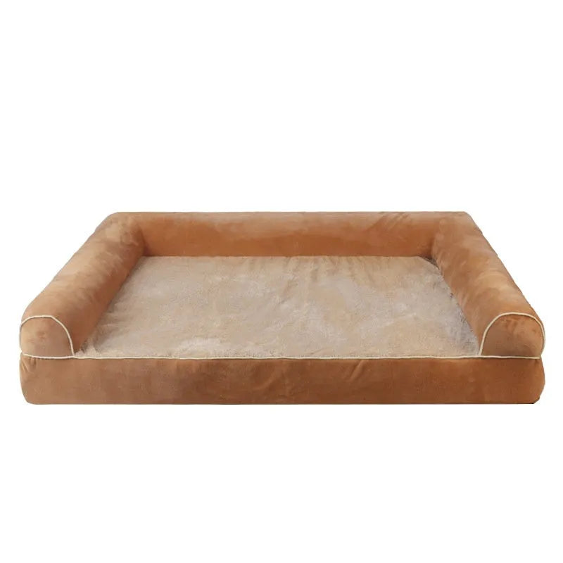 Square blue cloth dog bed with breathable sponge centre, shown in a home setting.