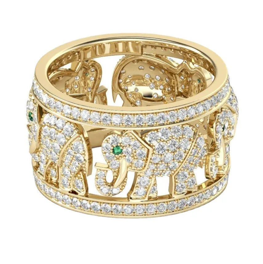 Alloy elephant ring with full diamond design showing detailed elephant motif and textured surface