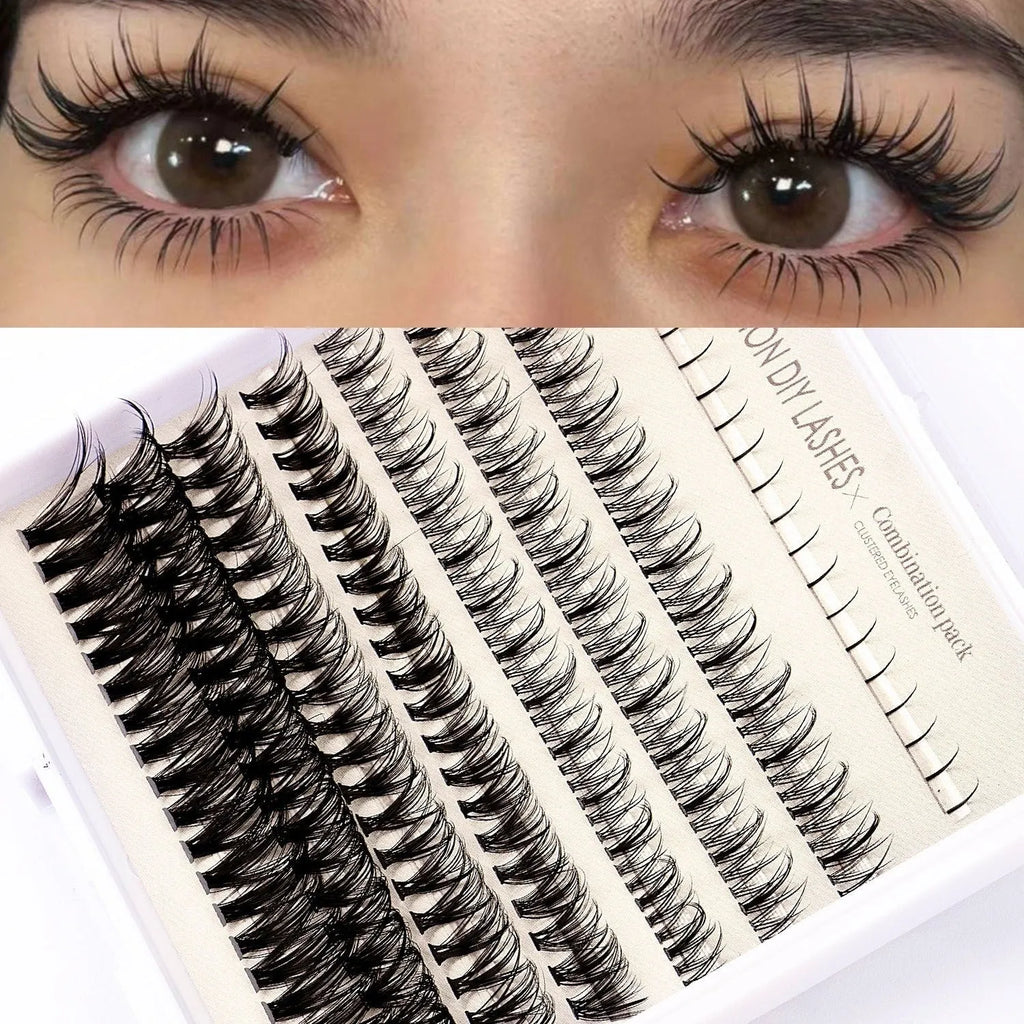 DIY false eyelash kit showing segmented cluster lashes, pink and black glue bottles, tweezers, and a brush applicator on a clean surface.