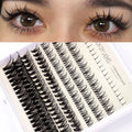 DIY false eyelash kit showing segmented cluster lashes, pink and black glue bottles, tweezers, and a brush applicator on a clean surface.
