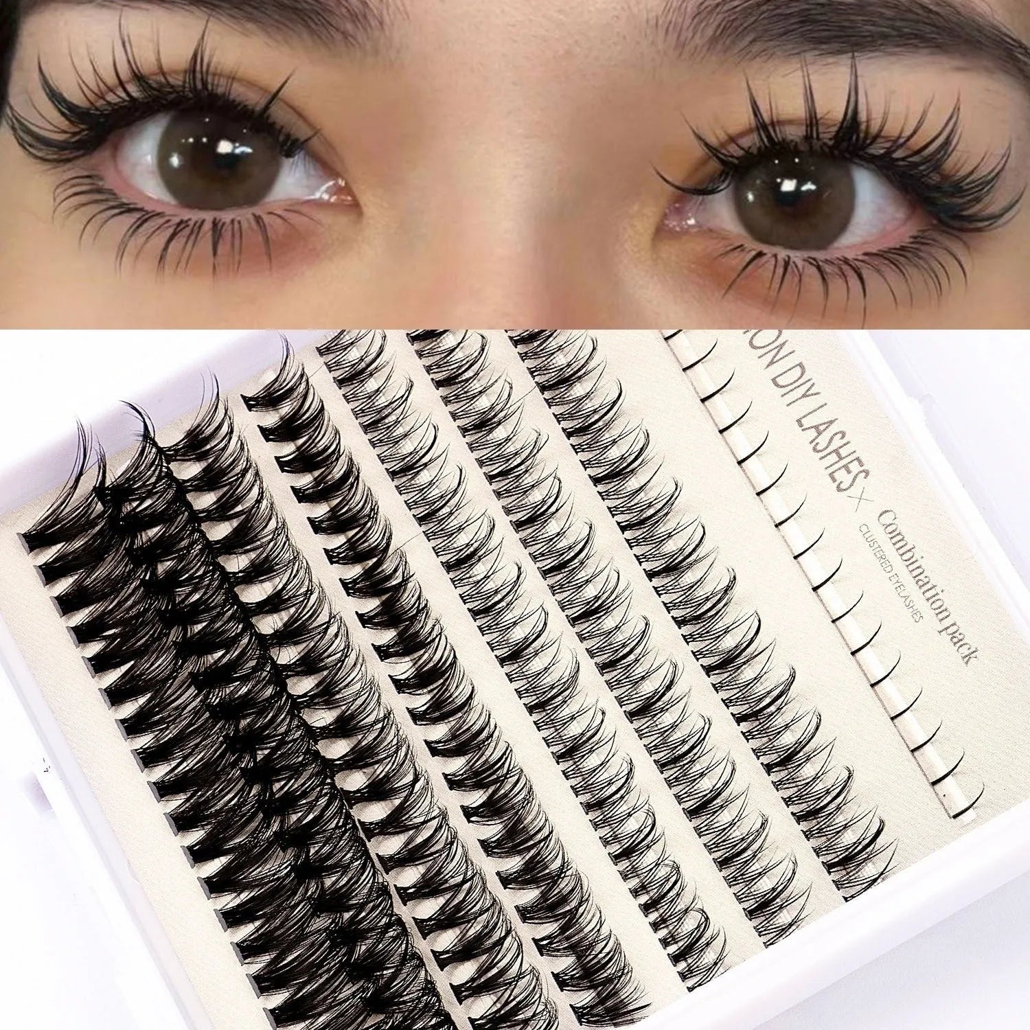 DIY false eyelash kit showing segmented cluster lashes, pink and black glue bottles, tweezers, and a brush applicator on a clean surface.