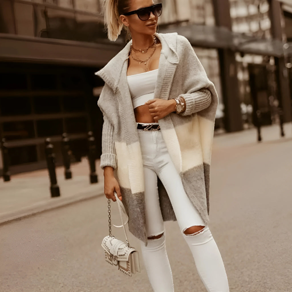Women's colour matching hooded knit cardigan coat in pink, thick acrylic cashmere blend, long sleeve, loose fit