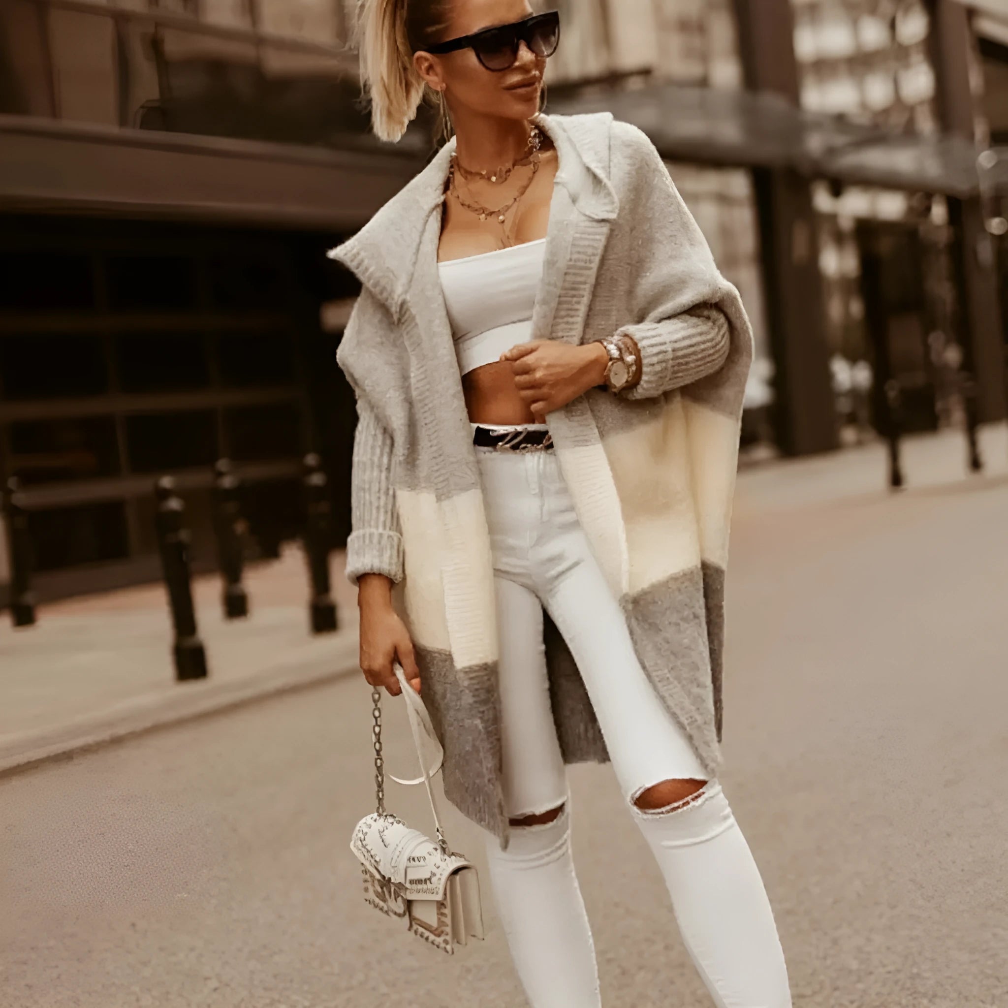 Women's colour matching hooded knit cardigan coat in pink, thick acrylic cashmere blend, long sleeve, loose fit
