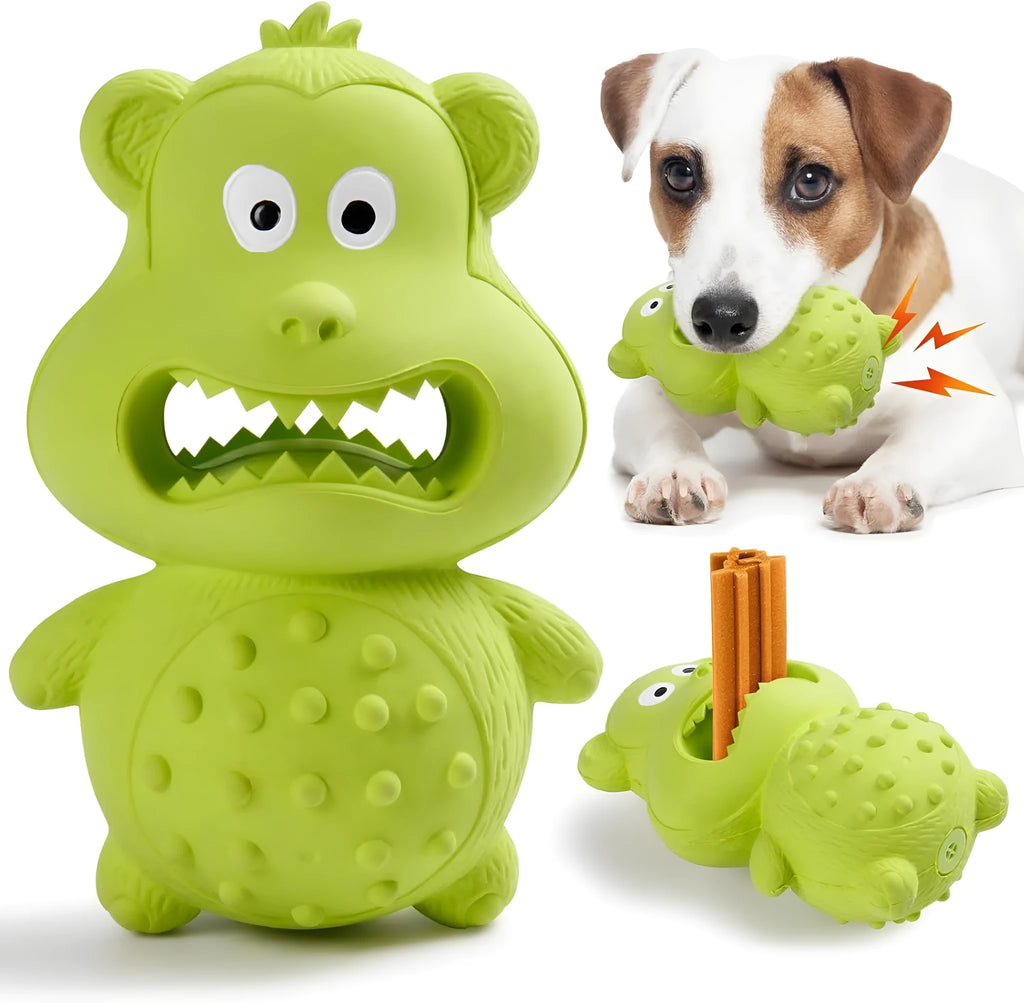 Green and yellow thick natural rubber squeaky dog chew toy for aggressive chewing dogs