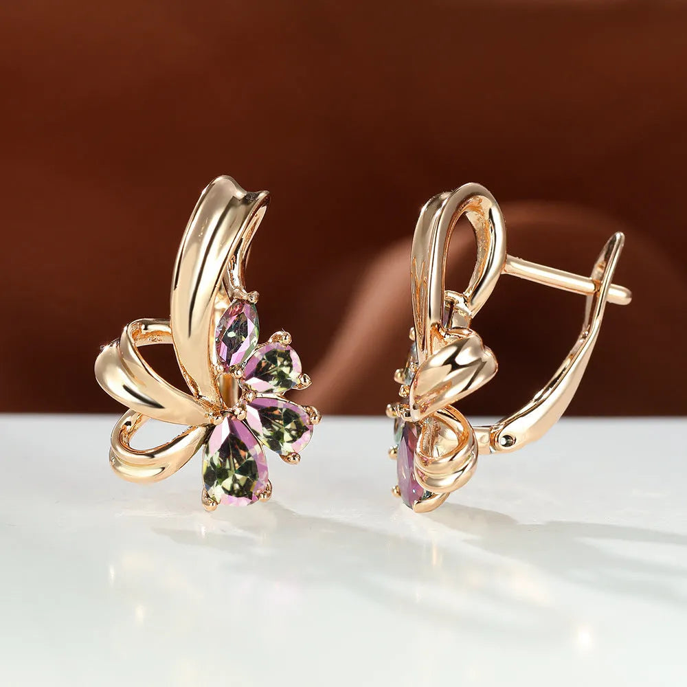 Champagne gold flower earrings with AB colourful crystal on copper, round shape studs for women