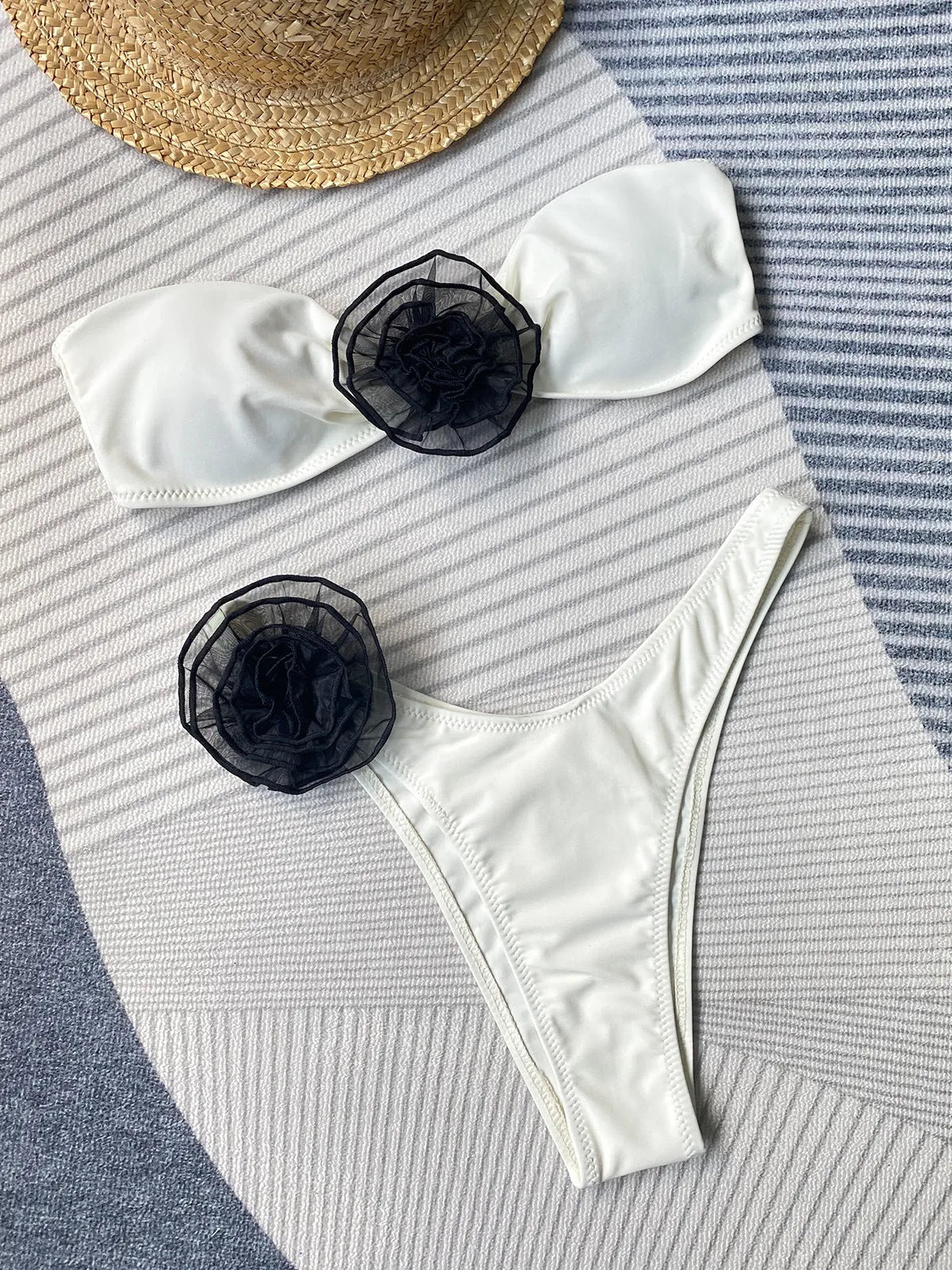 Cross-border tube top bikini with three-dimensional floral split design in striped, black, creamy white or rose red