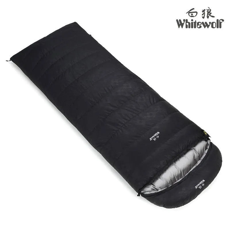Black outdoor sleeping bag with envelope design, shown with options for goose down or velvet insulation weights.