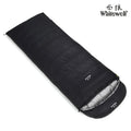 Black outdoor sleeping bag with envelope design, shown with options for goose down or velvet insulation weights.