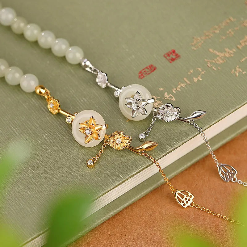 Hetian jade and 925 silver peace buckle bracelet for women in retro style.