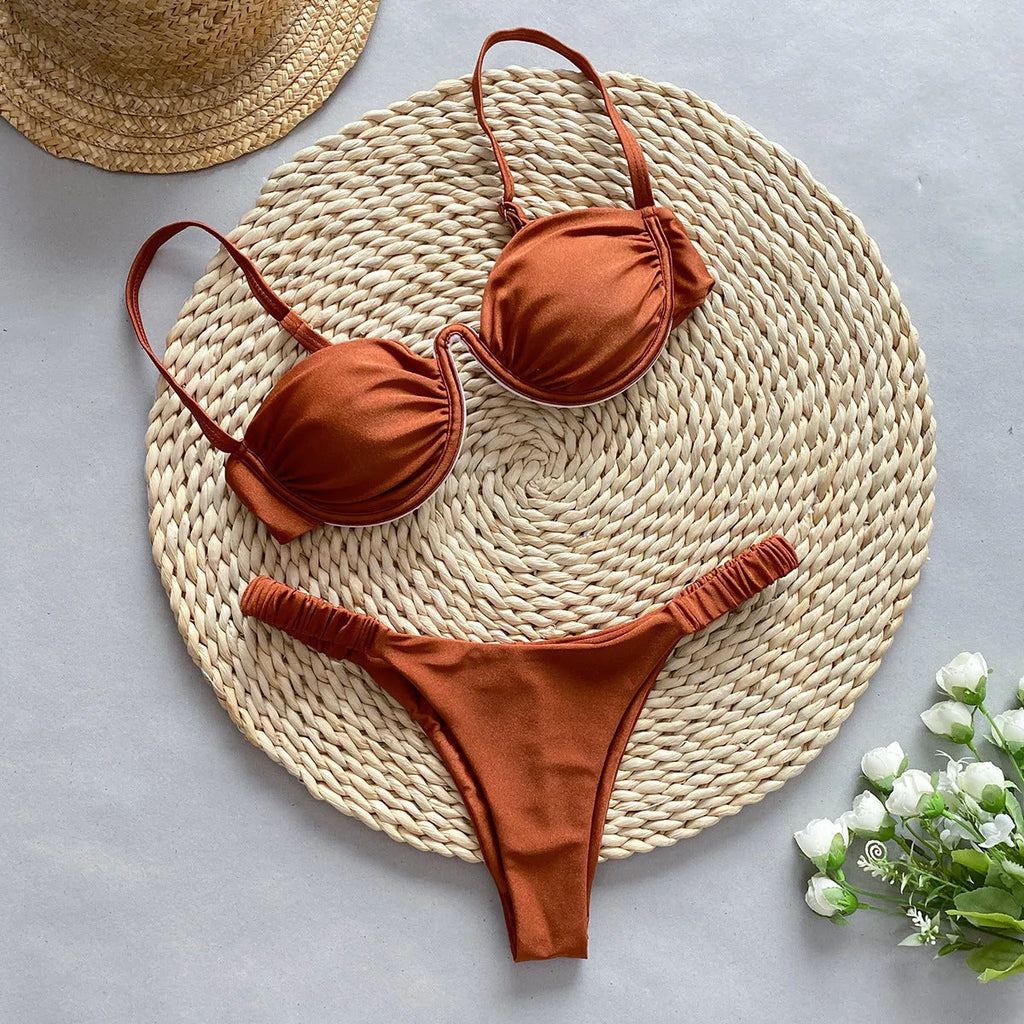 Women's underwire bikini swimsuit set in black, white, or khaki colours